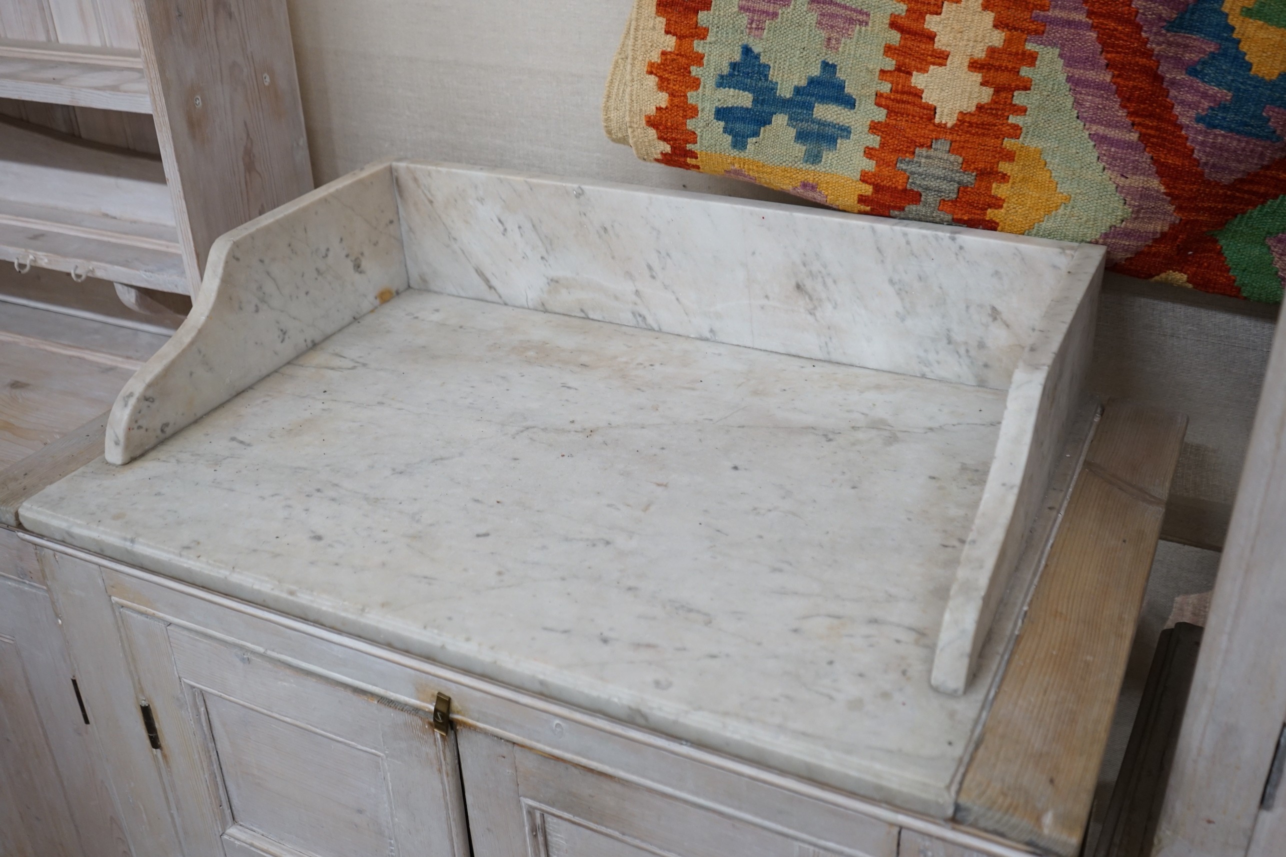 A Victorian painted pine marble top two door kitchen cabinet, width 89cm, depth 50cm, height 107cm